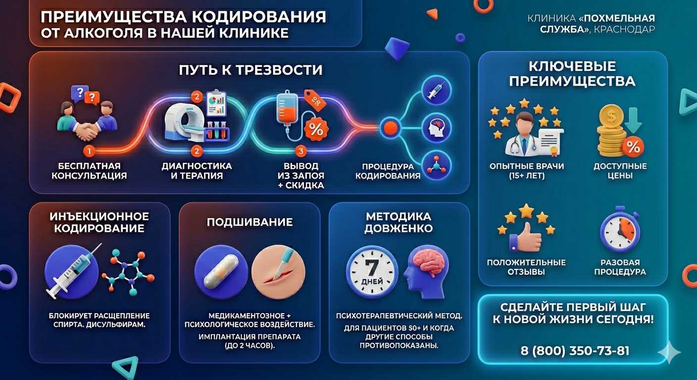Инфографика о методах кодирования от алкоголя во Владимире: инъекции, подшивание, метод Довженко. Преимущества клиники и этапы лечения.