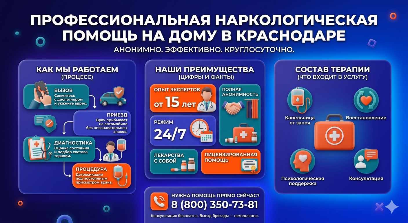 Инфографика о принципах лечения алкоголизма на дому во Владимире: этапы вызова нарколога, преимущества анонимной детоксикации и состав медицинской помощи.